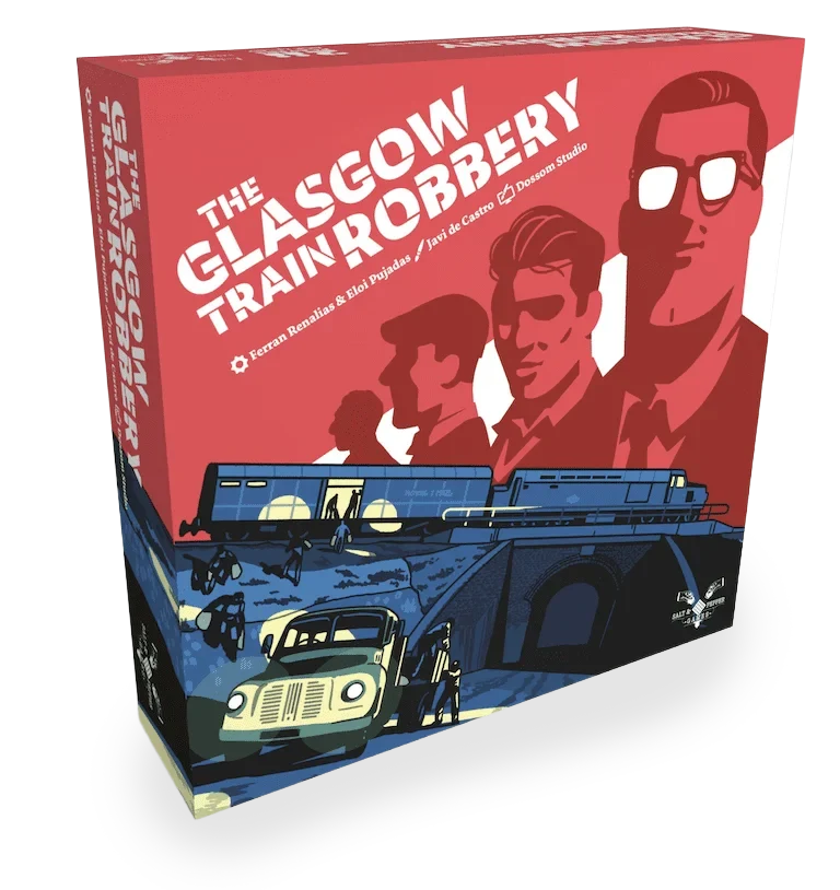 The Glasgow Train Robbery cooperative board game box showing illustrated men, a train, and a car on the cover.