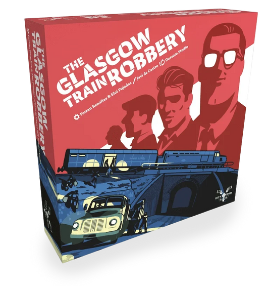 The Glasgow Train Robbery cooperative board game box showing illustrated men, a train, and a car on the cover.