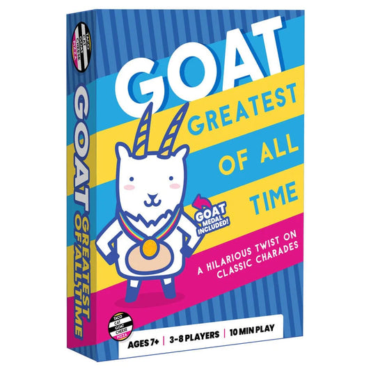 GOAT (Greatest of All Time) party game box featuring a cartoon goat with a medal.