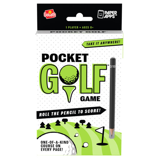 Paper Apps Golf front packaging with an illustrated golf course, pencil, and the text One-of-a-kind course on every page.