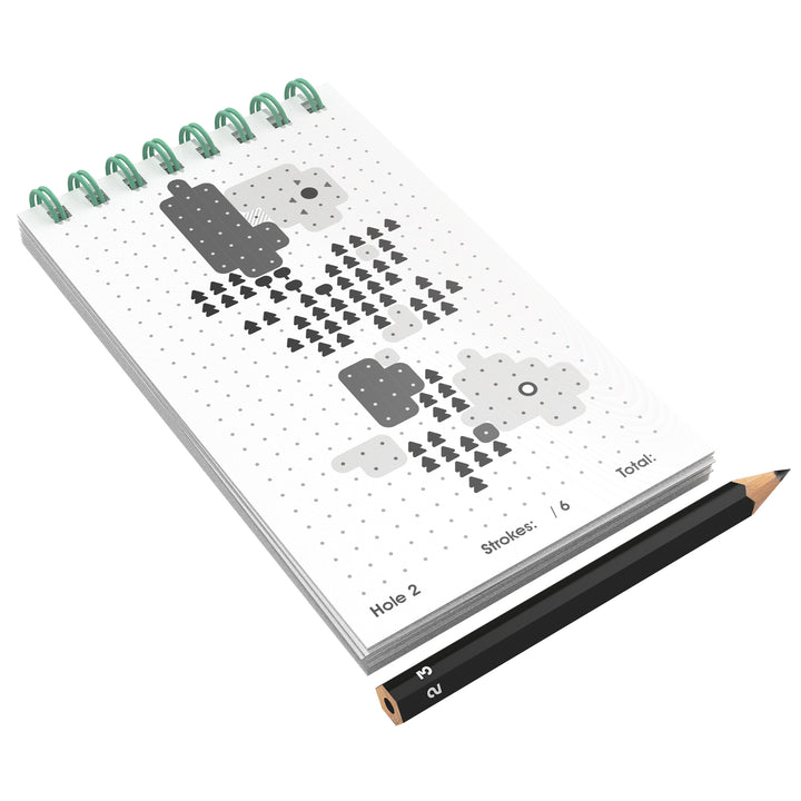 Paper Apps Golf notepad open to an illustrated golf course map with a pencil.