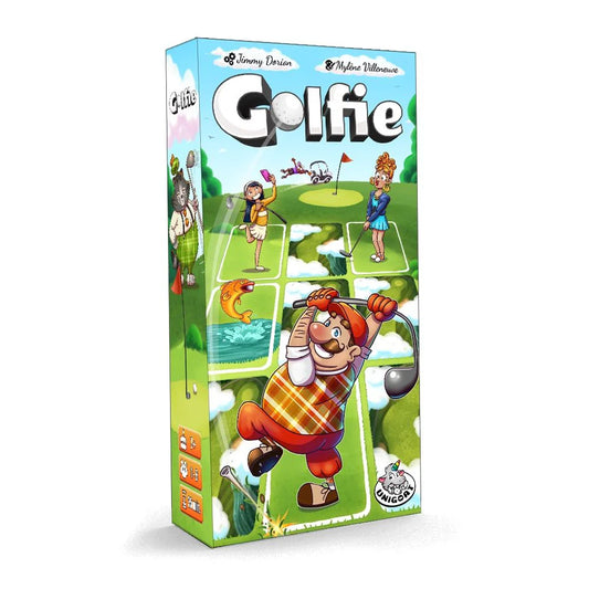 Golfie board game box with cartoon golfers, a fish, and a 9-hole course illustration on the cover.