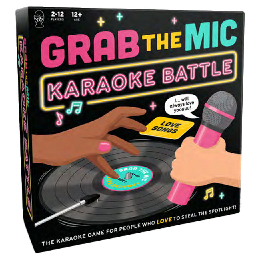 Grab The Mic: Karaoke Battle board game box with hands holding a microphone and a Love Songs record.