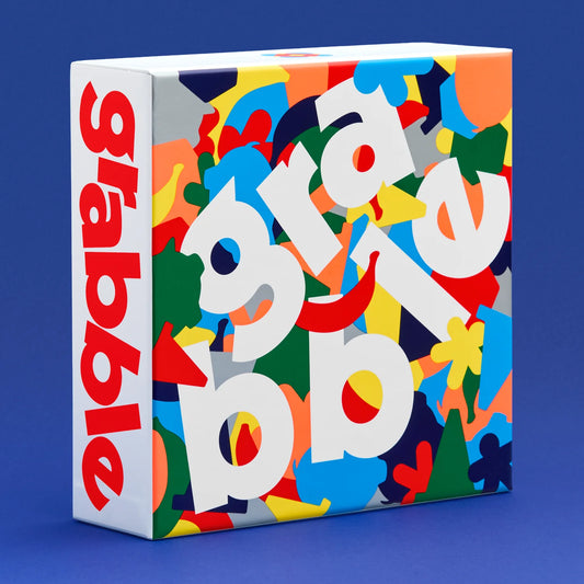 Grabble family board game in a square box with colorful abstract patterns and white text.