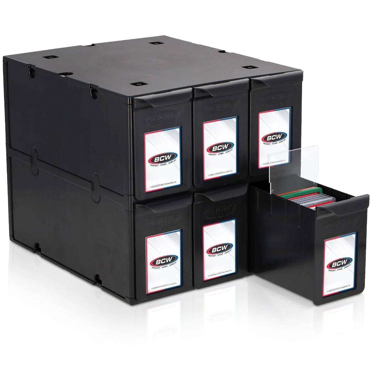 Four black 6-drawer graded card catalogs stacked, one drawer open showing organized trading cards.