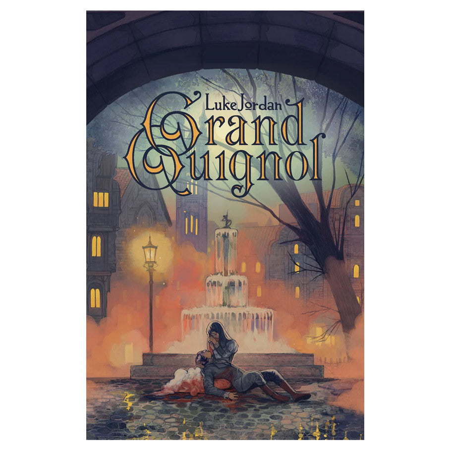 Grand Guignol bottle held by a person near a fountain at night.