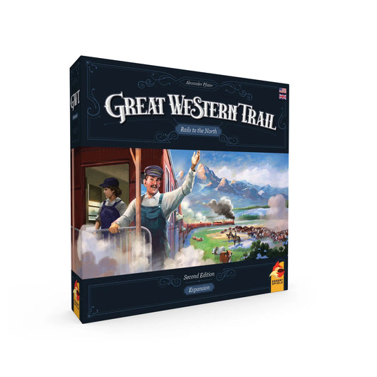 Great Western Trail Rails to the North board game box featuring an engineer waving from a train.