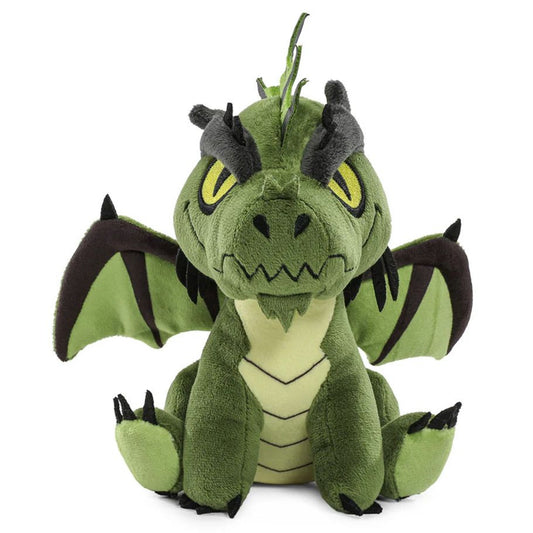 Green Dragon Phunny Plush with yellow eyes, black horns, and large wings inspired by Dungeons & Dragons.