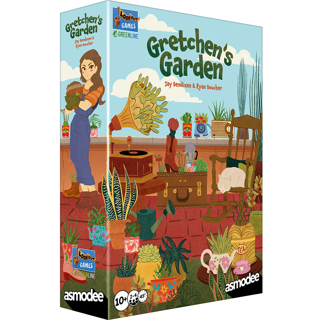 Gretchens Garden board game box featuring a woman, plants, garden tools, cat, and tableau-building artwork.