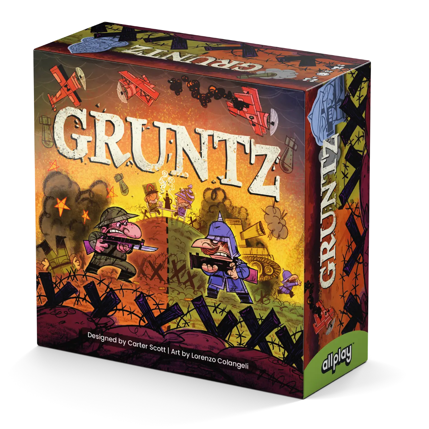 Gruntz game box featuring cartoon soldiers, planes, and explosions on a tactical battlefield.