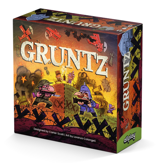 Gruntz game box featuring cartoon soldiers, planes, and explosions on a tactical battlefield.