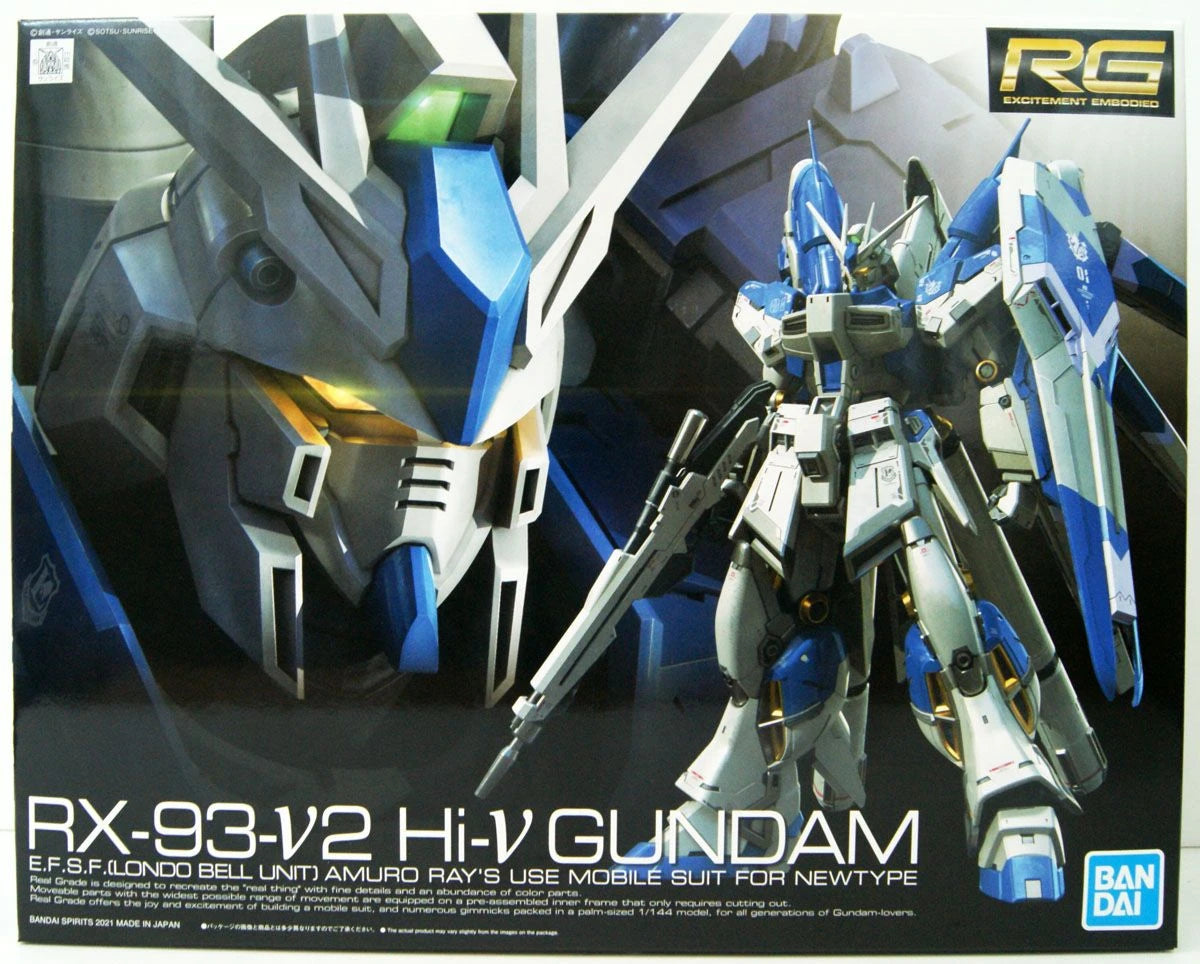 Bandai RG 1/144 Hi-Nu Gundam model kit box with detailed image of Hi-Nu Gundam from Char’s Counterattack.