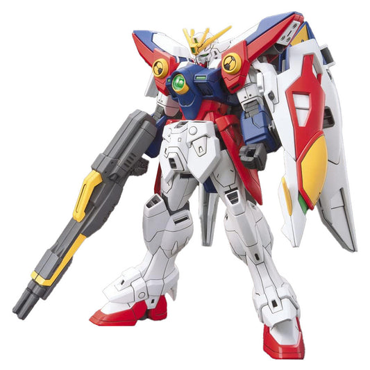 Gundam High Grade 1/144 Wing Gundam Zero model with armor, shield, and twin buster rifle accessories.