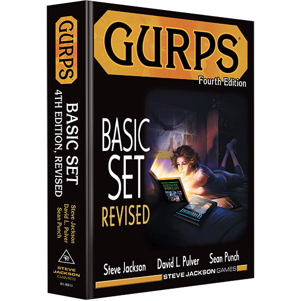 GURPS 4e: Basic Set Revised universal roleplaying game box cover featuring a woman reading beside a laptop.