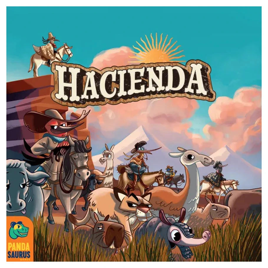 Hacienda board game box featuring cartoon animals, cowboys, and “Hacienda” title.