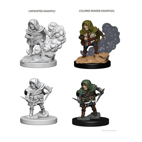 D&D Nolzurs Marvelous Unpainted Miniatures: four hooded rogue figures, two painted, two unpainted, with weapons and smoke.