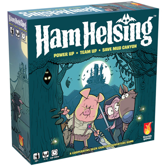 Ham Helsing board game box featuring a pig and bat in a forest, cooperative play edition.