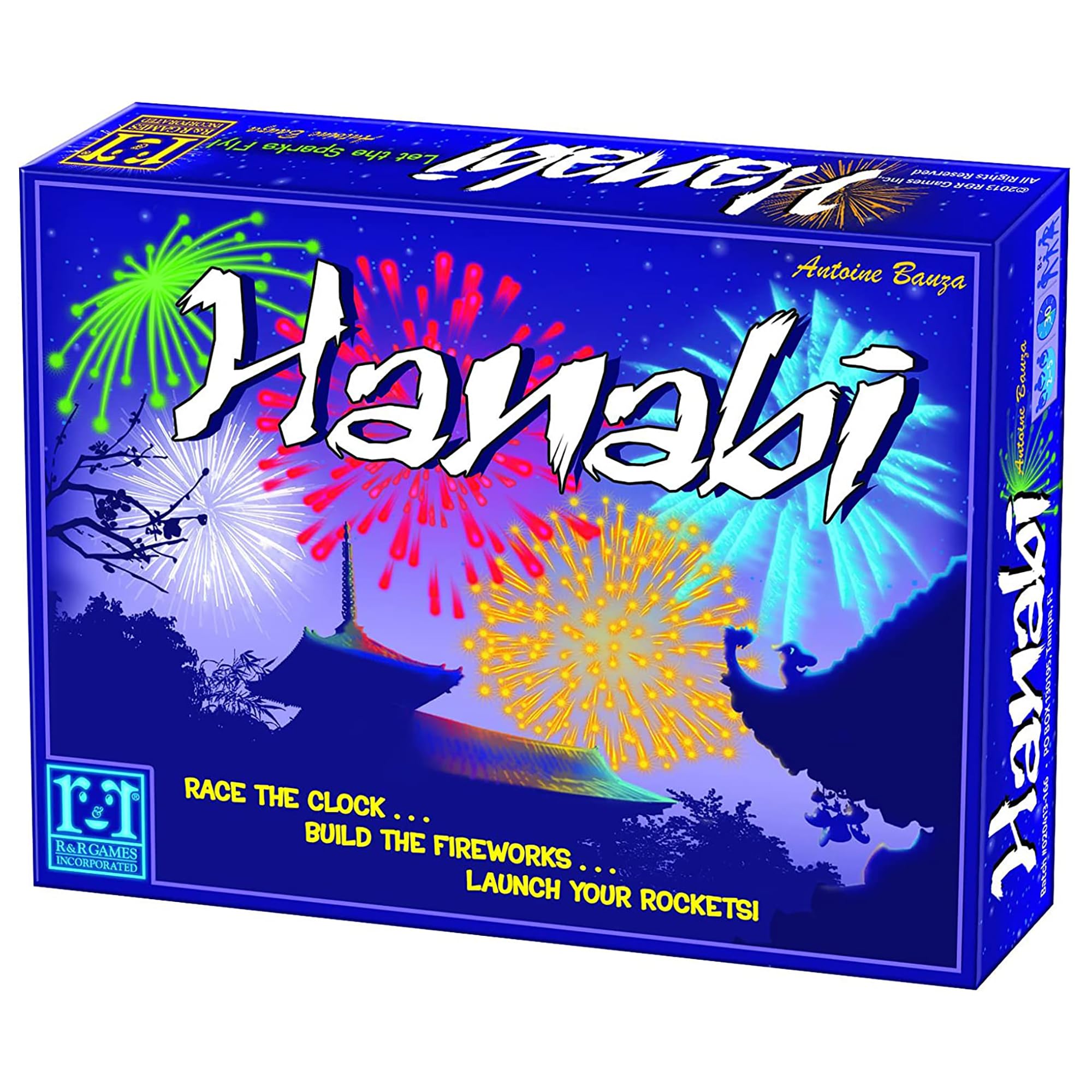 Hanabi board game box, cooperative card game featuring fireworks and Japanese architecture silhouettes.