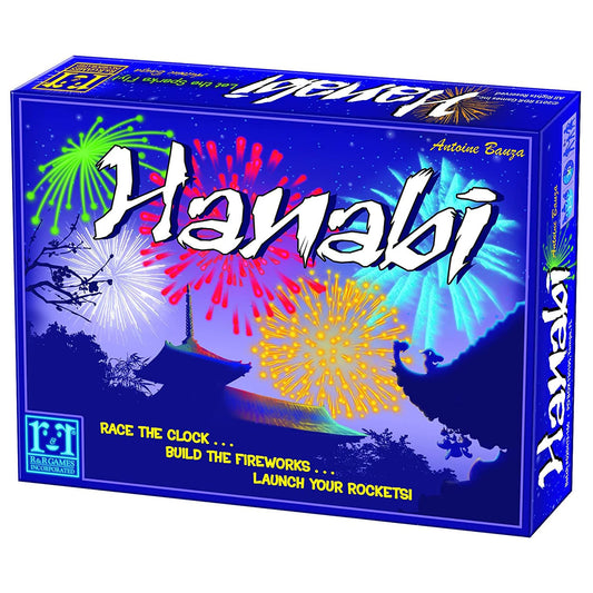 Hanabi board game box, cooperative card game featuring fireworks and Japanese architecture silhouettes.