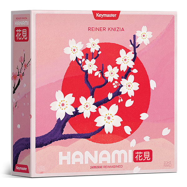 Hanami board game, square box featuring a cherry blossom branch and a red sun.