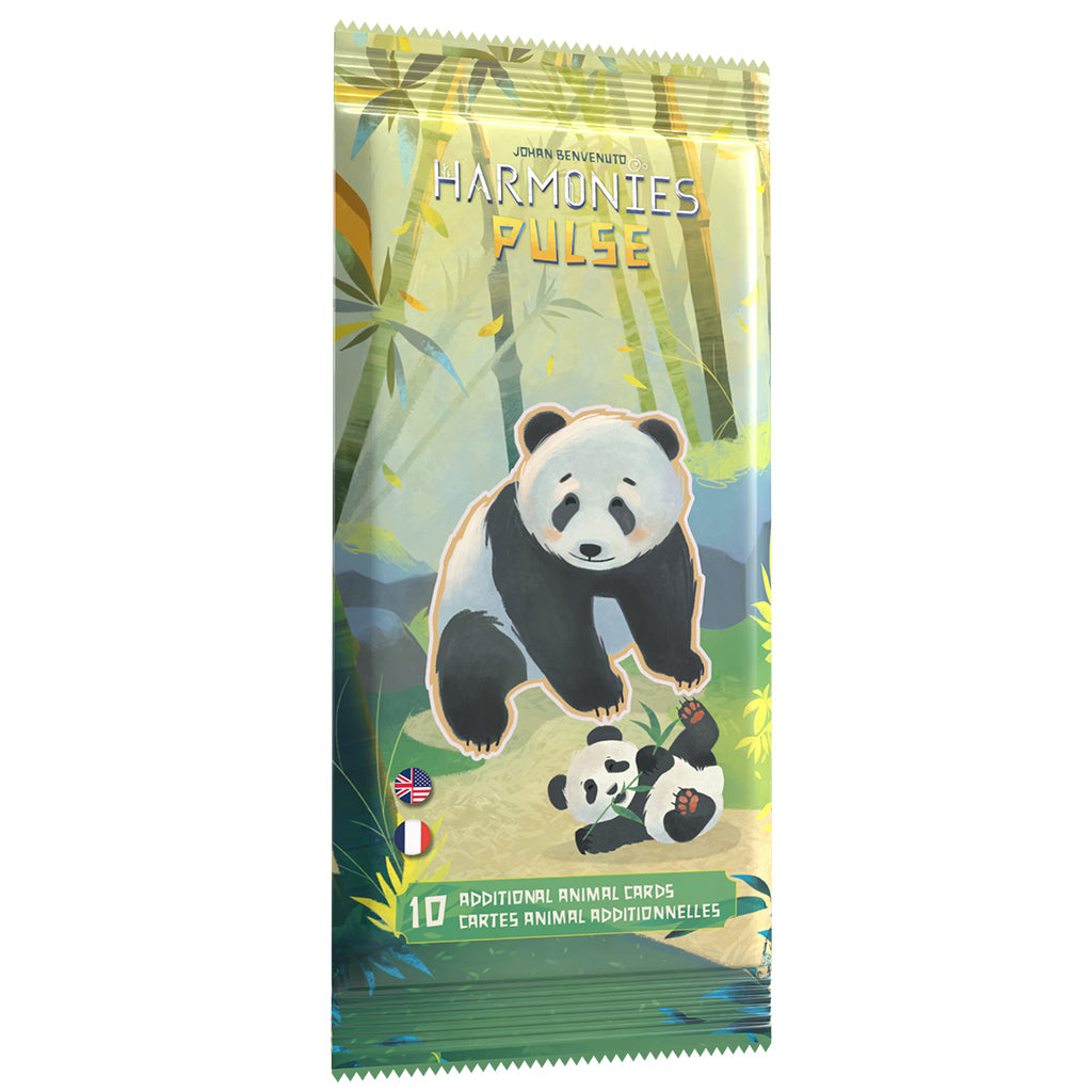 Harmonies Pulse animal cards expansion pack featuring pandas in a bamboo forest.
