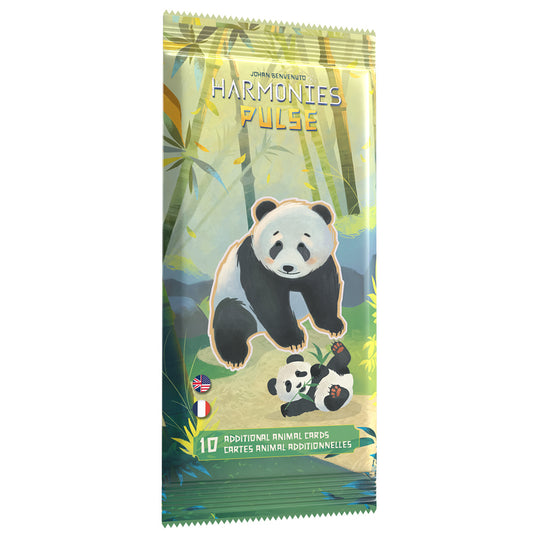 Harmonies Pulse animal cards expansion pack featuring pandas in a bamboo forest.