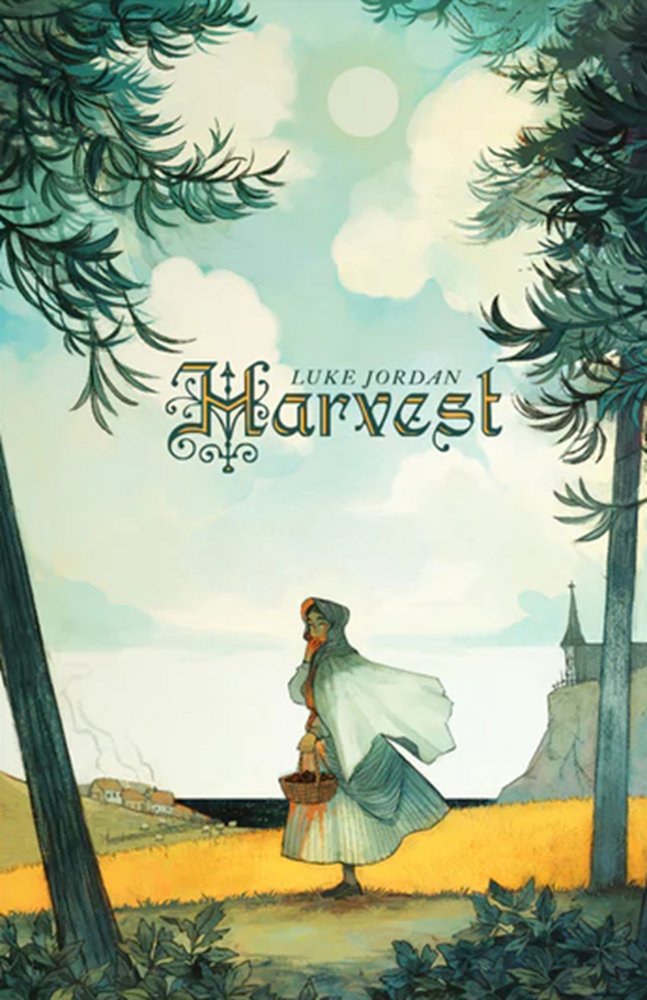 Harvest book cover featuring a woman in a bonnet and cloak carrying a basket; folk horror RPG setting.