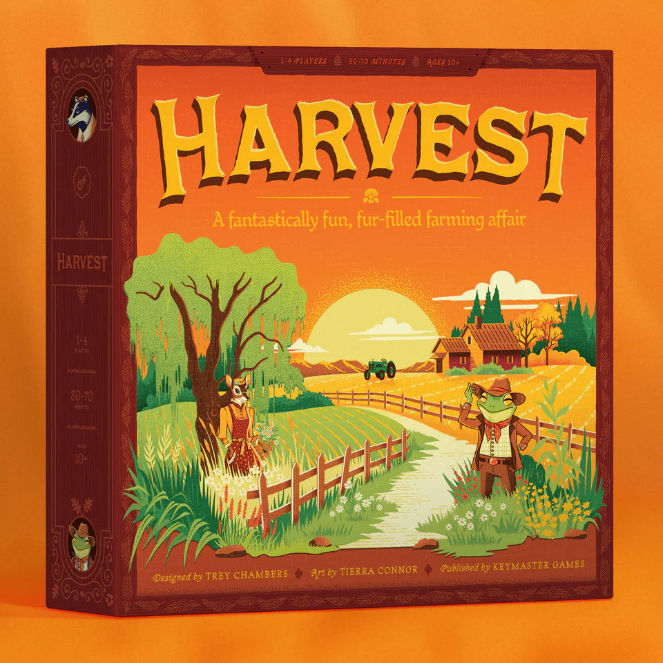 Harvest board game box with cartoon animal farmers and crops on a rural farm scene.