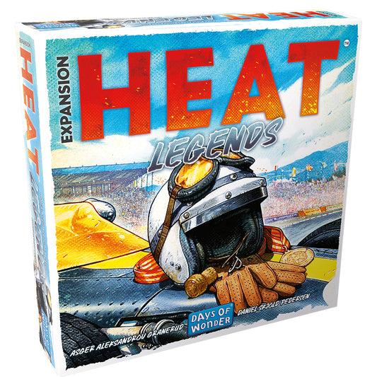 The Heat: Legends board game box featuring a racing helmet, gloves, and cars on a yellow race car at a track.