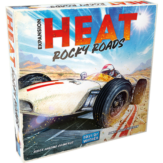 Heat: Rocky Roads board game box featuring a race car in a desert, referencing the 1966 Championship Season.