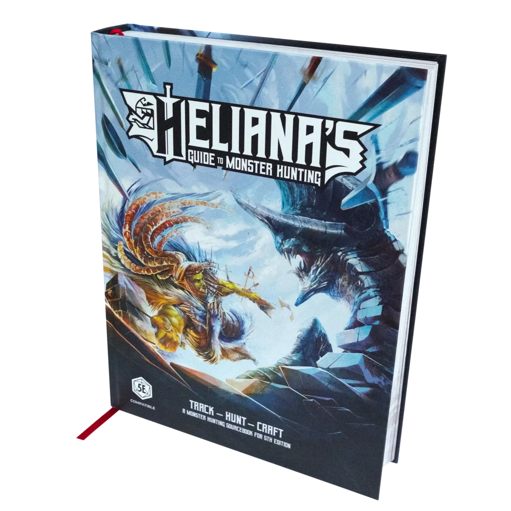 Helianas Guide to Monster Hunting Core Hardcover Book for DnD 5E, featuring fantasy art and monster hunt adventures.