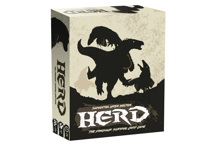HERD: The Dinosaur Survival Card Game box featuring silhouettes of prehistoric predators.