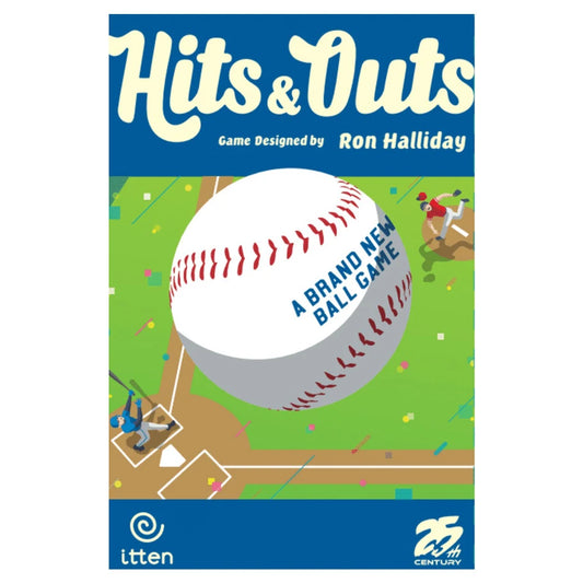 Hits and Outs board game cover featuring a large baseball and players on a field.