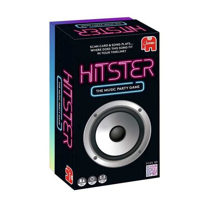 Hitster music party game box with speaker graphic and neon-style text on a black background.