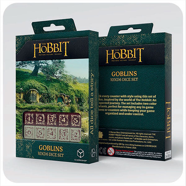 Two boxes of 10d6 Hobbit TCG Dice: Goblins variant with themed packaging.