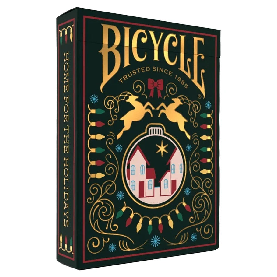 Bicycle Home for the Holidays Playing Cards box featuring reindeer, house ornament, and holiday lights.