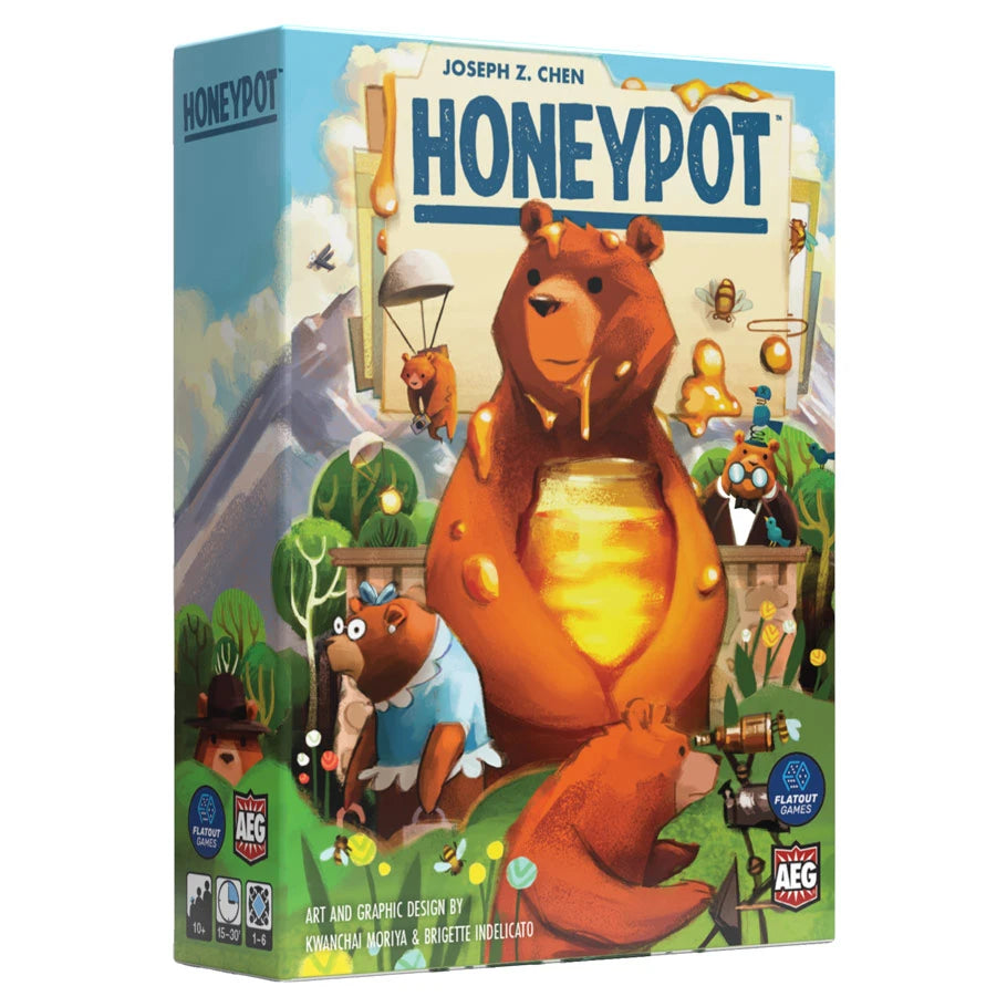 Honeypot board game box featuring secret agent bears and honey in an illustrated outdoor scene.
