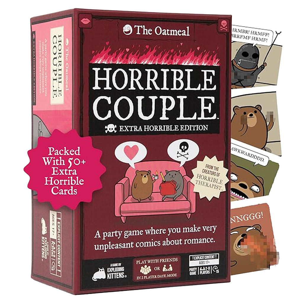Horrible Couple: Extra Horrible Edition card game featuring cartoon animals and comic strip captions.