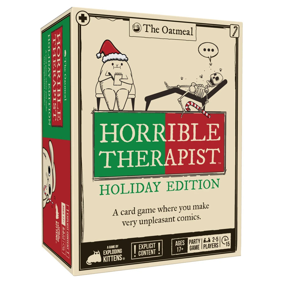 Horrible Therapist: Holiday therapy card game box featuring cartoon animals on a festive cover.