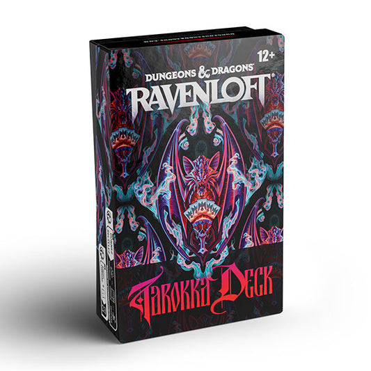 D&D 5e Ravenloft: The Horrors Within Tarokka Deck, labeled for ages 12+, with gothic-themed artwork.