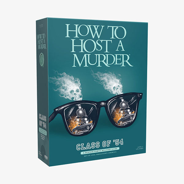 How To Host A Murder: Class of 54 game box, 1950s murder mystery featuring smoking glasses and chess piece eyes.