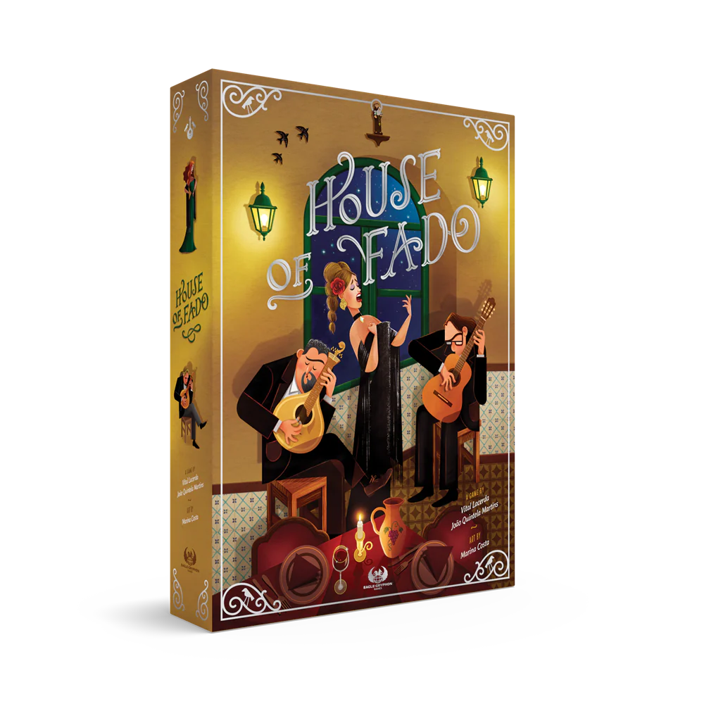 House of Fado board game box showing musicians and a singer performing fado music in a Casa de Fado setting.