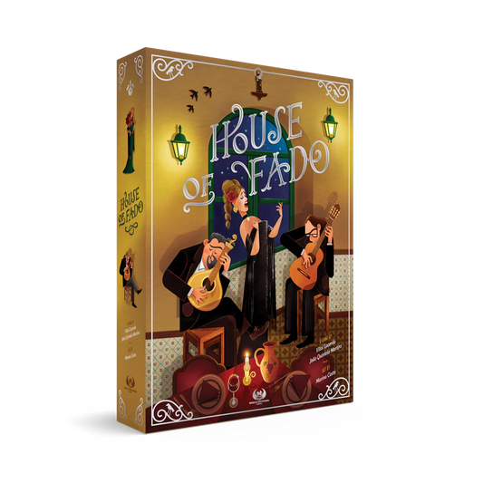 House of Fado board game box showing musicians and a singer performing fado music in a Casa de Fado setting.