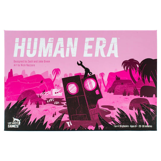 Human Era game, pink box with robots and ruins; social deduction, secret roles, 4–10 players, ages 8+.