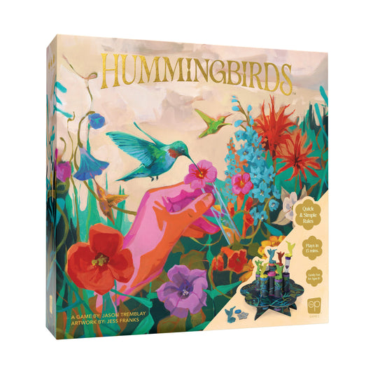 Box for Hummingbirds board game featuring colorful bird and flower artwork; includes nectar token game.