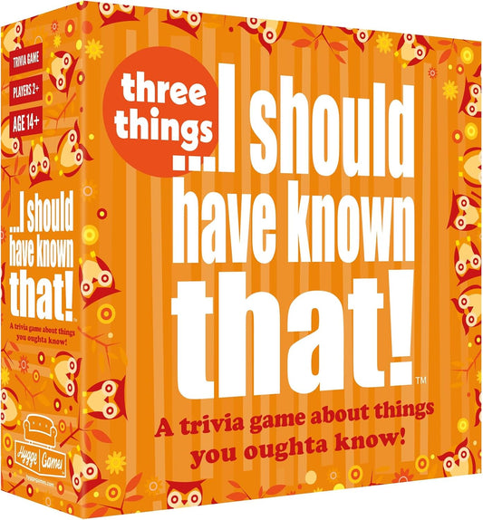 Orange box for I Should Have Known that Three Things trivia game with 110 cards.