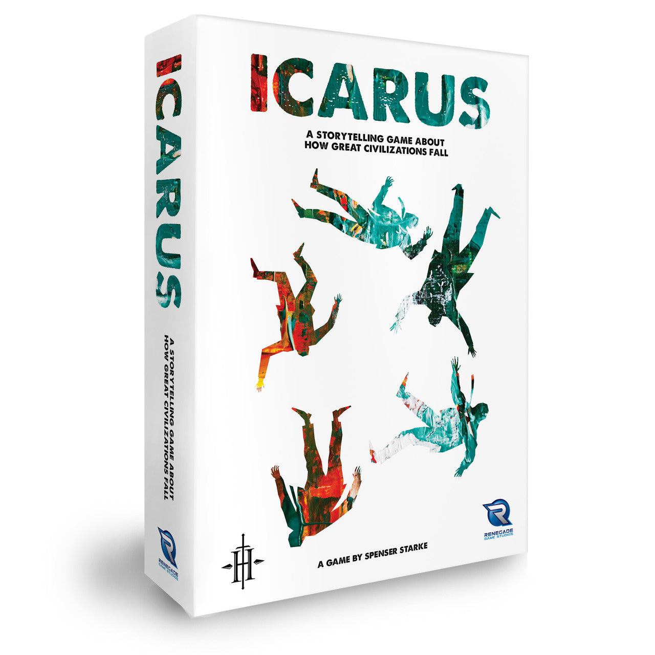 The Icarus: A Storytelling Game About How Great Civilizations Fall box with colorful falling silhouettes on white.