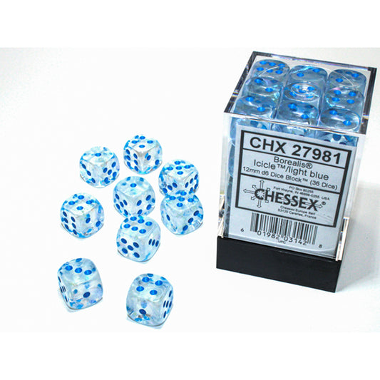 Twelve light blue translucent 12mm dice with a Borealis Luminary Icicle/Light Blue 36d6 box.