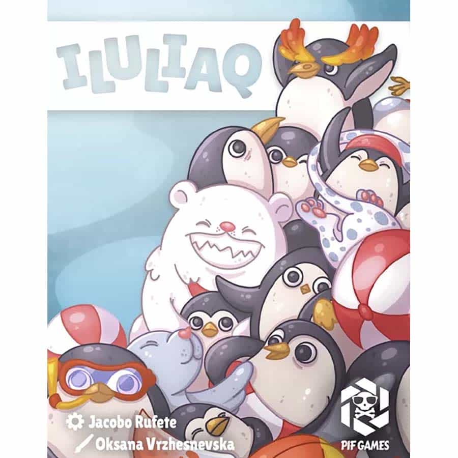 Packaging for Iluliaq featuring cartoon penguins and their king with beach balls on an iceberg.