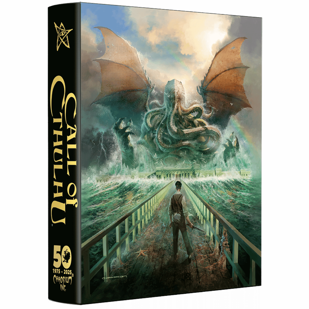 Chaosium’s 50th Anniversary Slipcase Set with artwork of a man on a pier and Cthulhu rising from stormy seas.